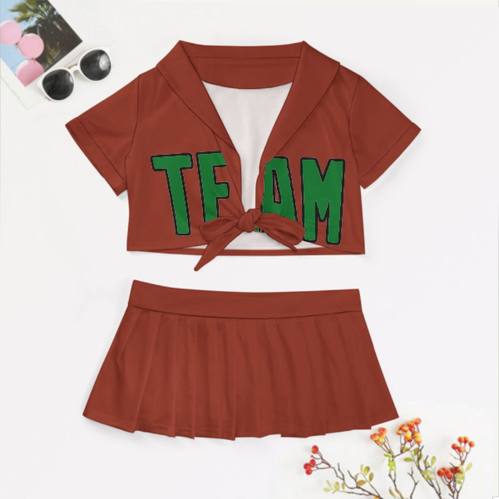 Custom Coral Red Emerald Green Cheerleading Uniform Set