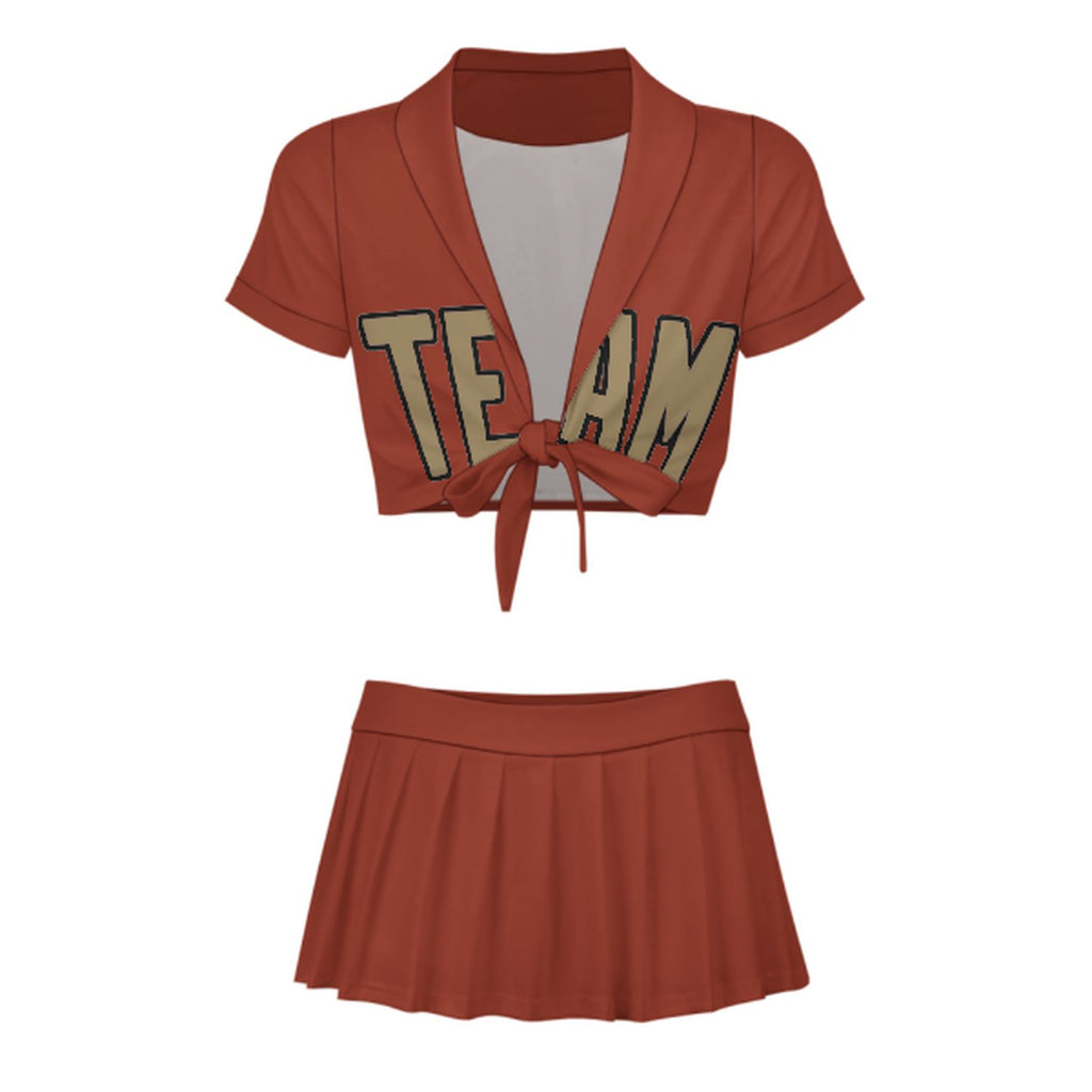 Custom Coral Red Light Khaki Cheerleading Uniform Set
