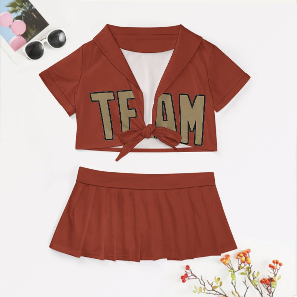 Custom Coral Red Light Khaki Cheerleading Uniform Set