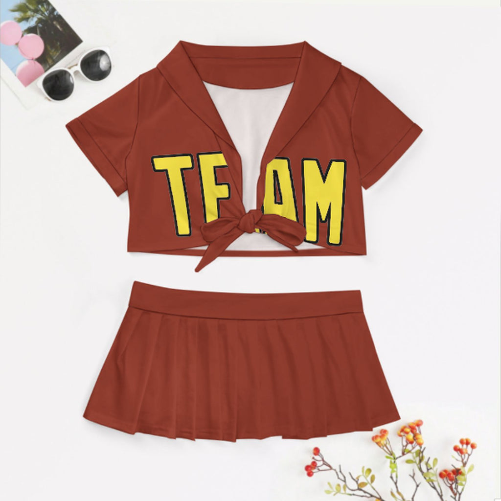 Custom Coral Red Light Yellow Cheerleading Uniform Set