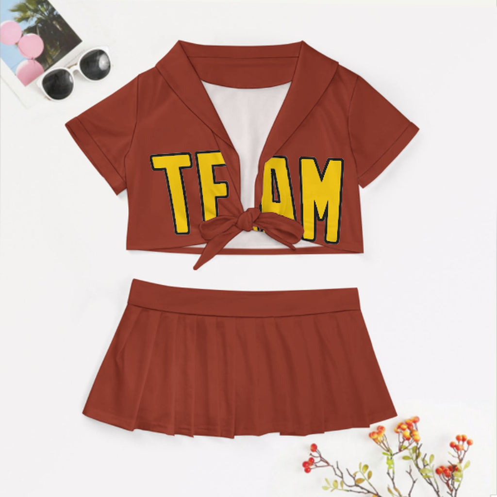 Custom Coral Red Gold Cheerleading Uniform Set