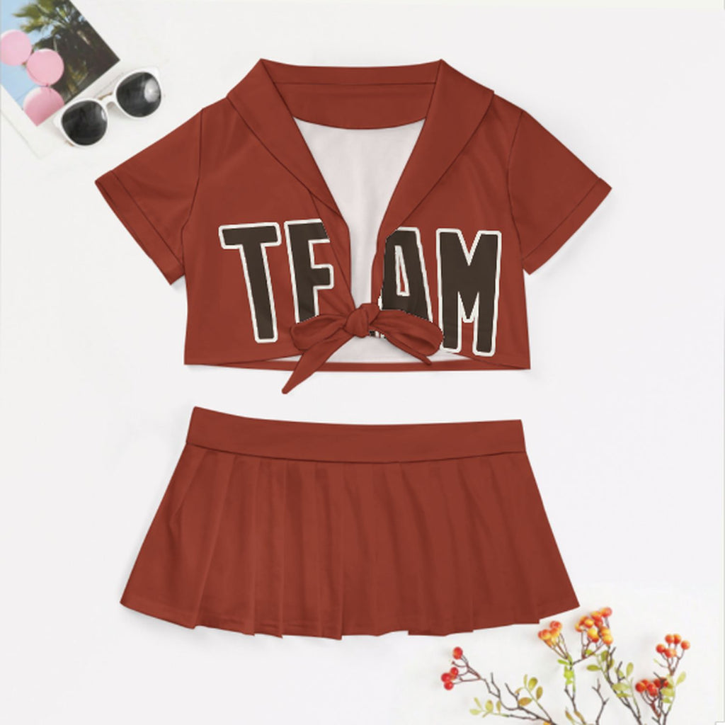 Custom Coral Red Brown Cheerleading Uniform Set
