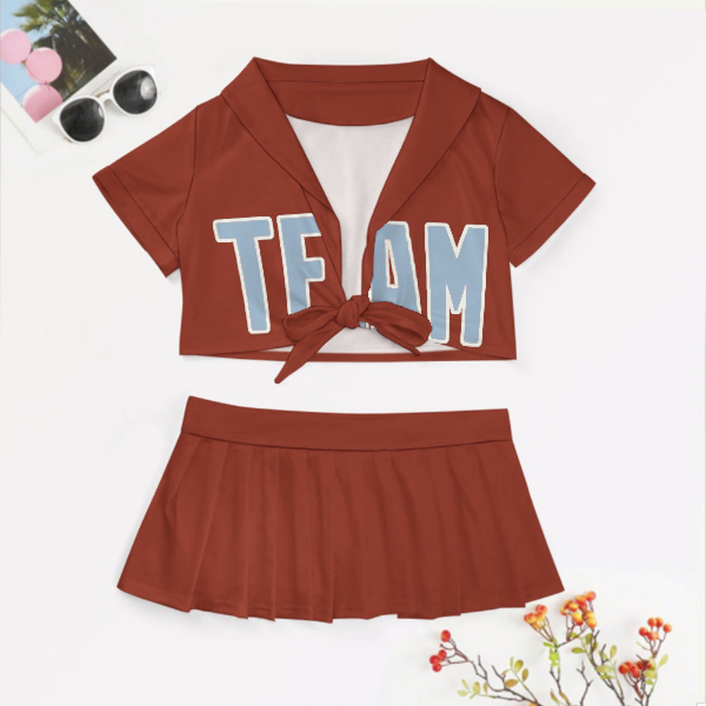 Custom Coral Red Light Blue Cheerleading Uniform Set