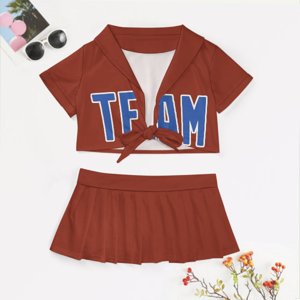 Custom Coral Red Sky Blue Cheerleading Uniform Set