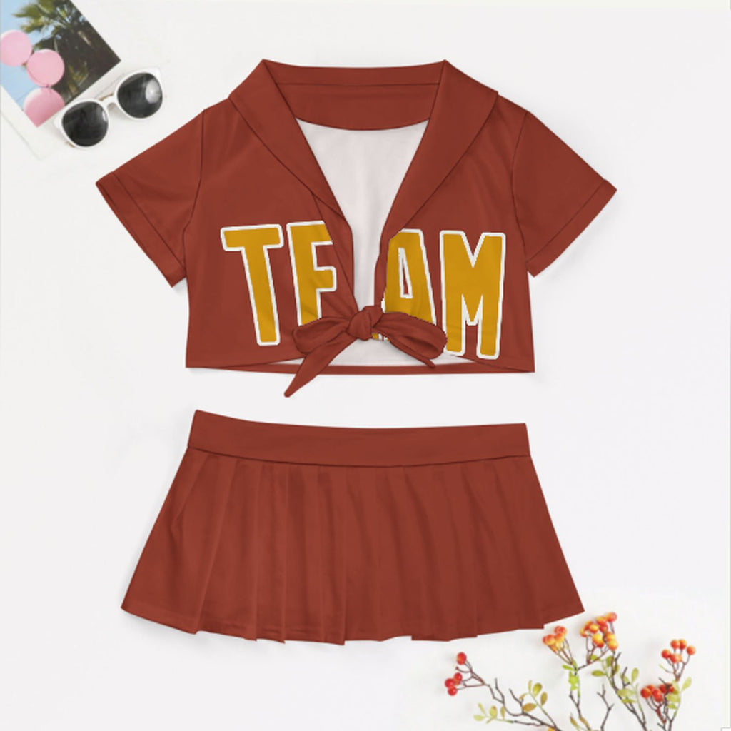 Custom Coral Red Yellow Cheerleading Uniform Set