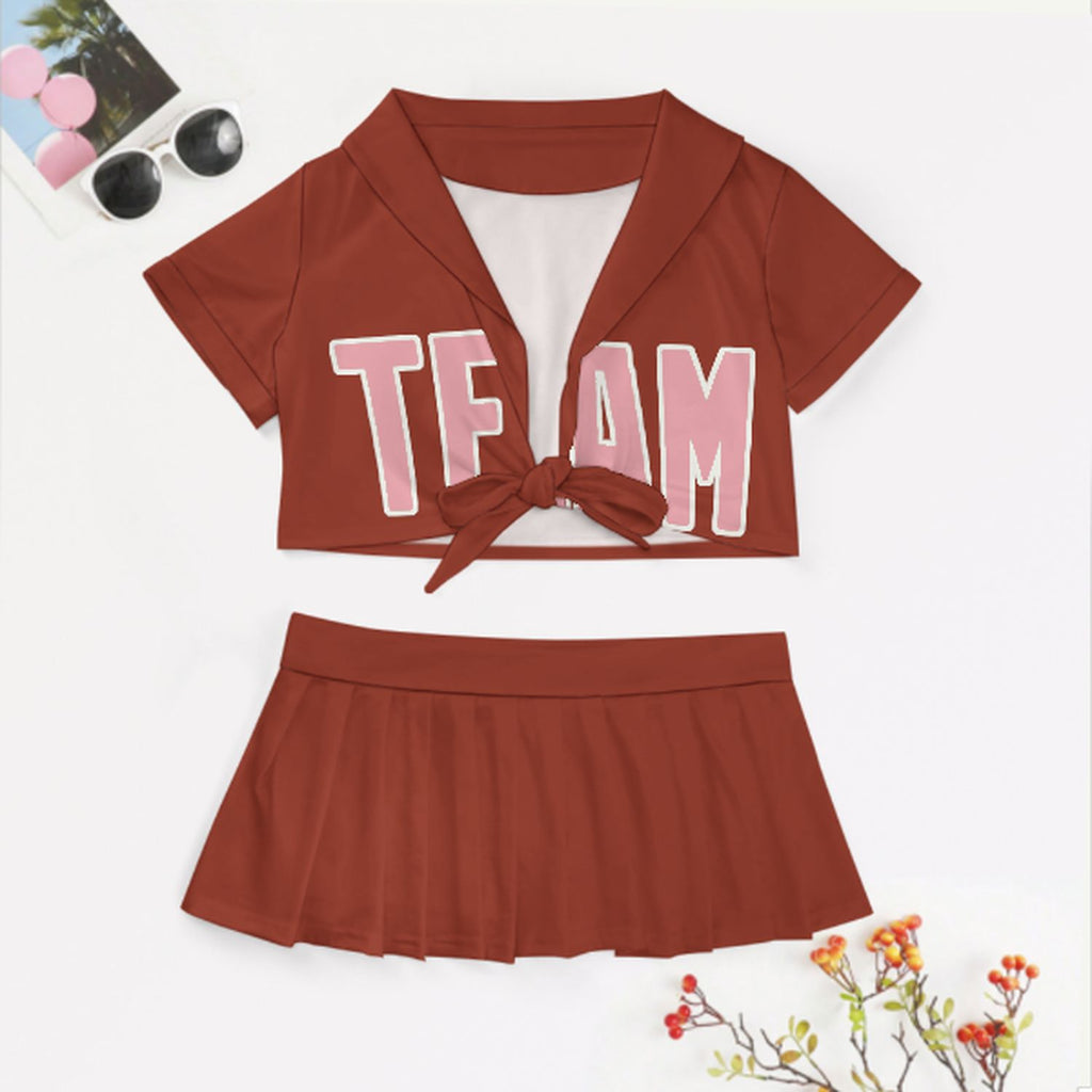 Custom Coral Red Light Pink Cheerleading Uniform Set