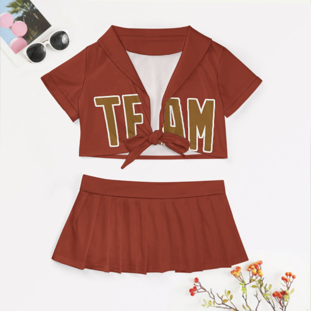 Custom Coral Red Khaki Cheerleading Uniform Set