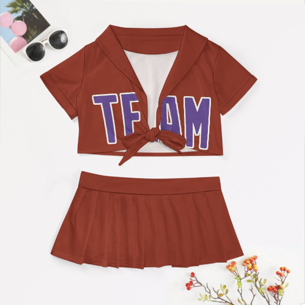 Custom Coral Red Light Purple Cheerleading Uniform Set