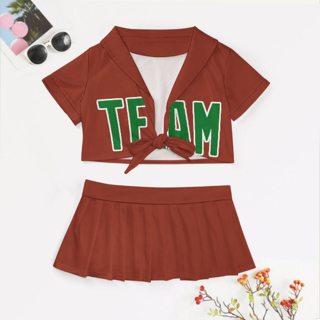 Custom Coral Red Emerald Green Cheerleading Uniform Set