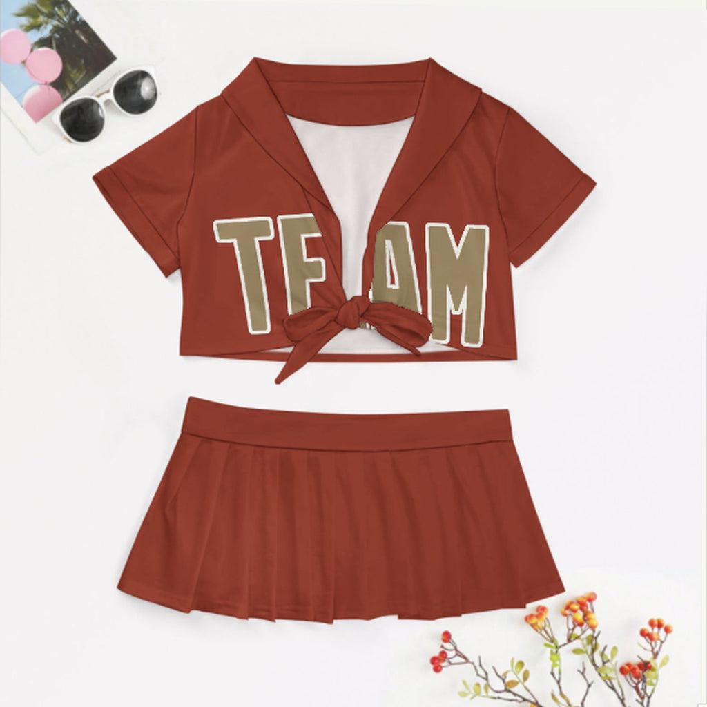Custom Coral Red Light Khaki Cheerleading Uniform Set