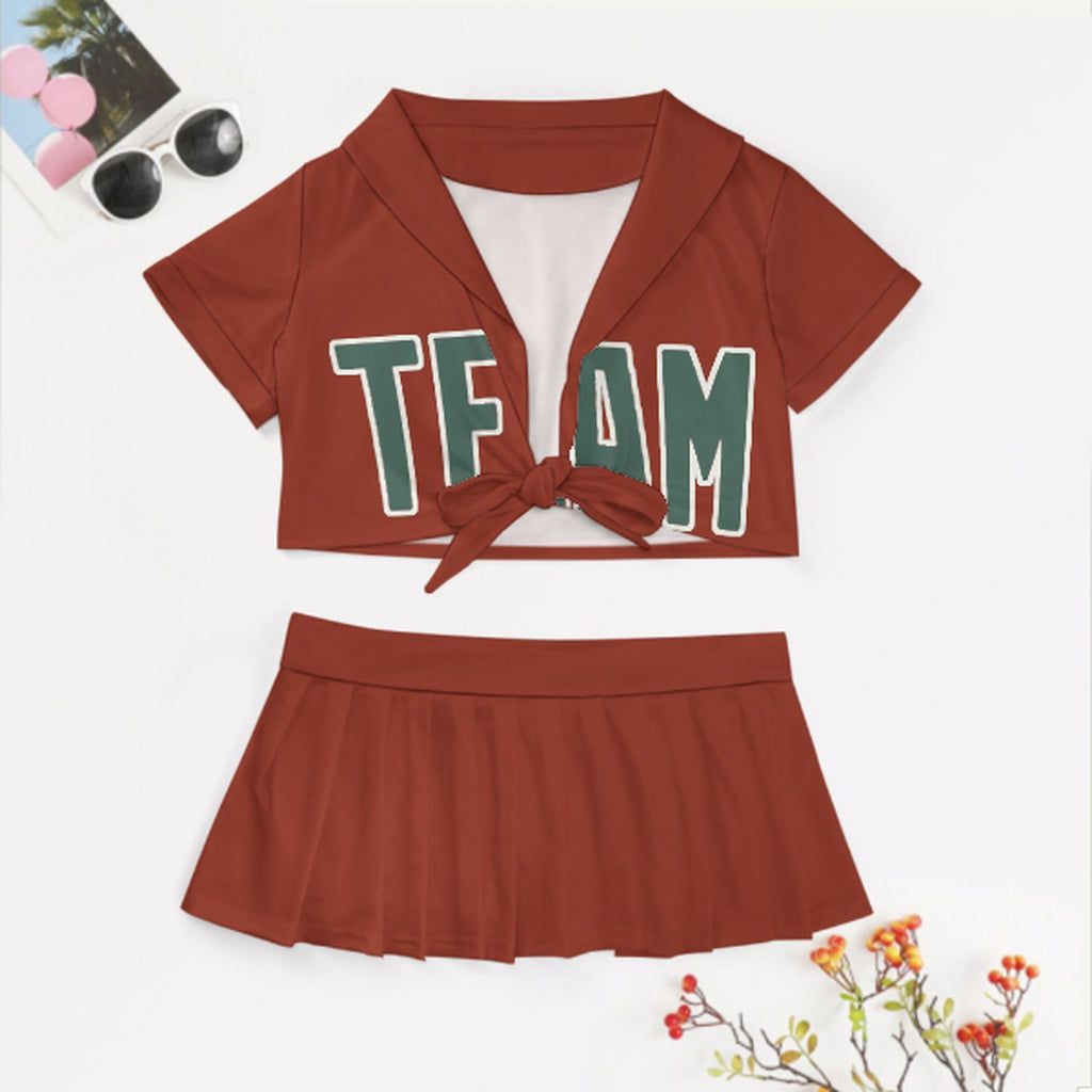 Custom Coral Red Blue Green Cheerleading Uniform Set