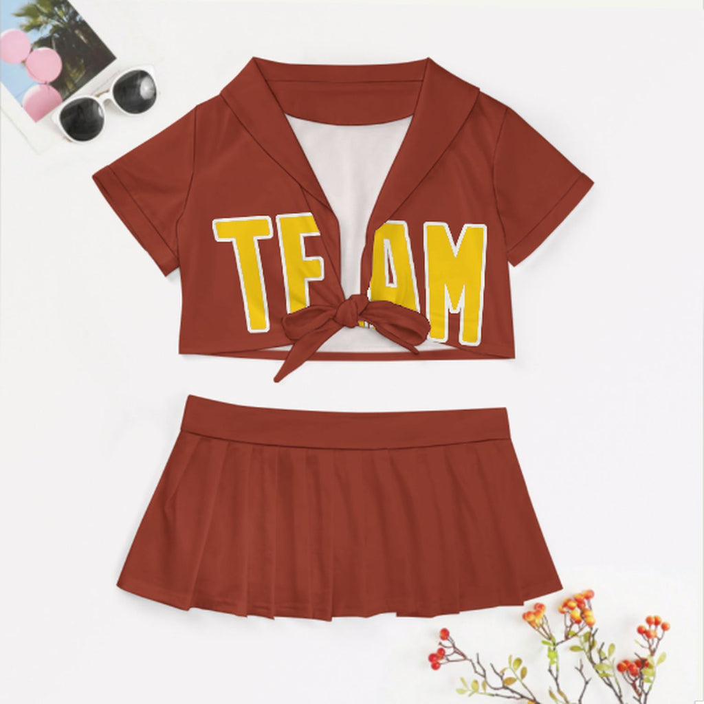 Custom Coral Red Gold Cheerleading Uniform Set