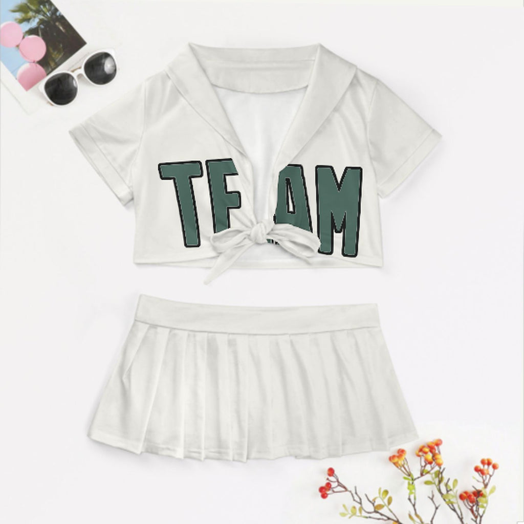 Custom White Blue Green Cheerleading Uniform Set