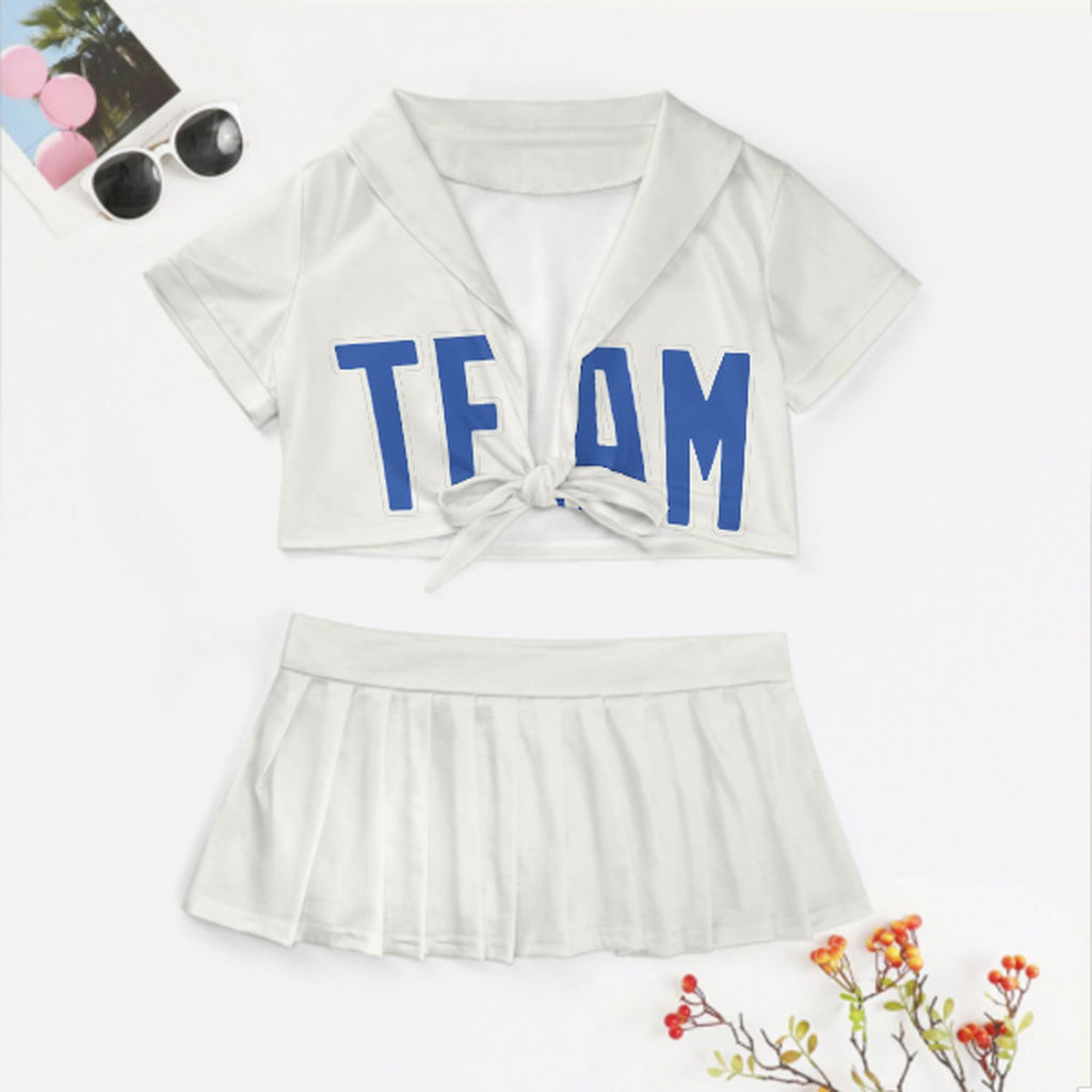 Custom White Sky Blue Cheerleading Uniform Set