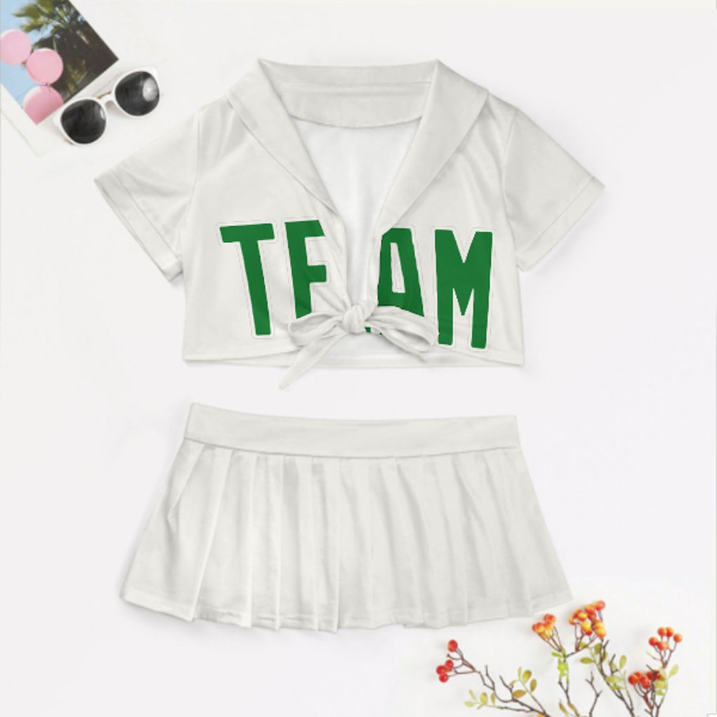 Custom White Emerald Green Cheerleading Uniform Set
