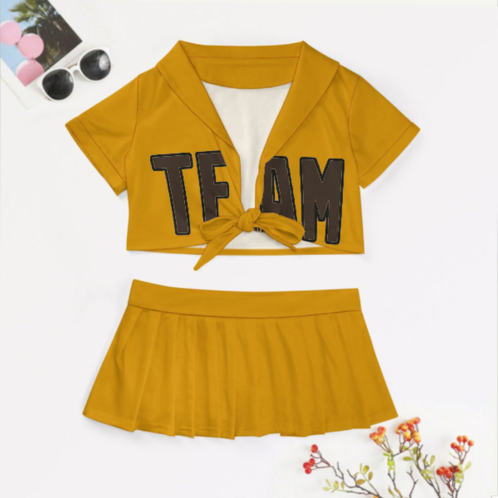 Custom Yellow Brown Cheerleading Uniform Set