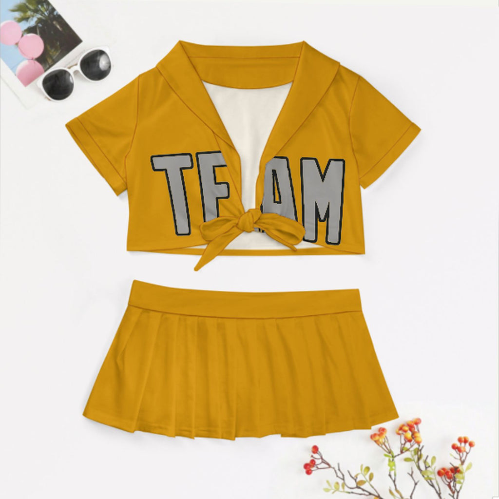 Custom Yellow Gray Cheerleading Uniform Set