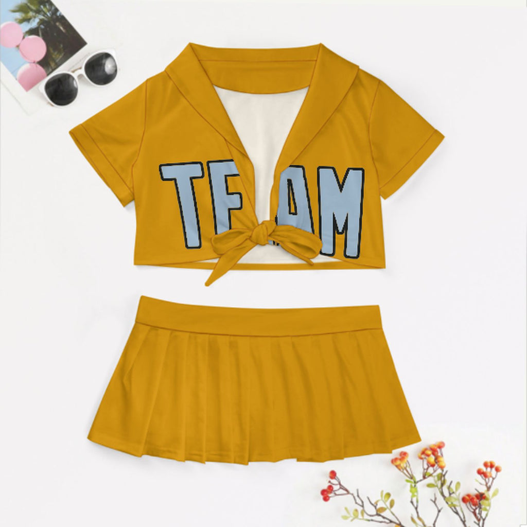 Custom Yellow Light Blue Cheerleading Uniform Set
