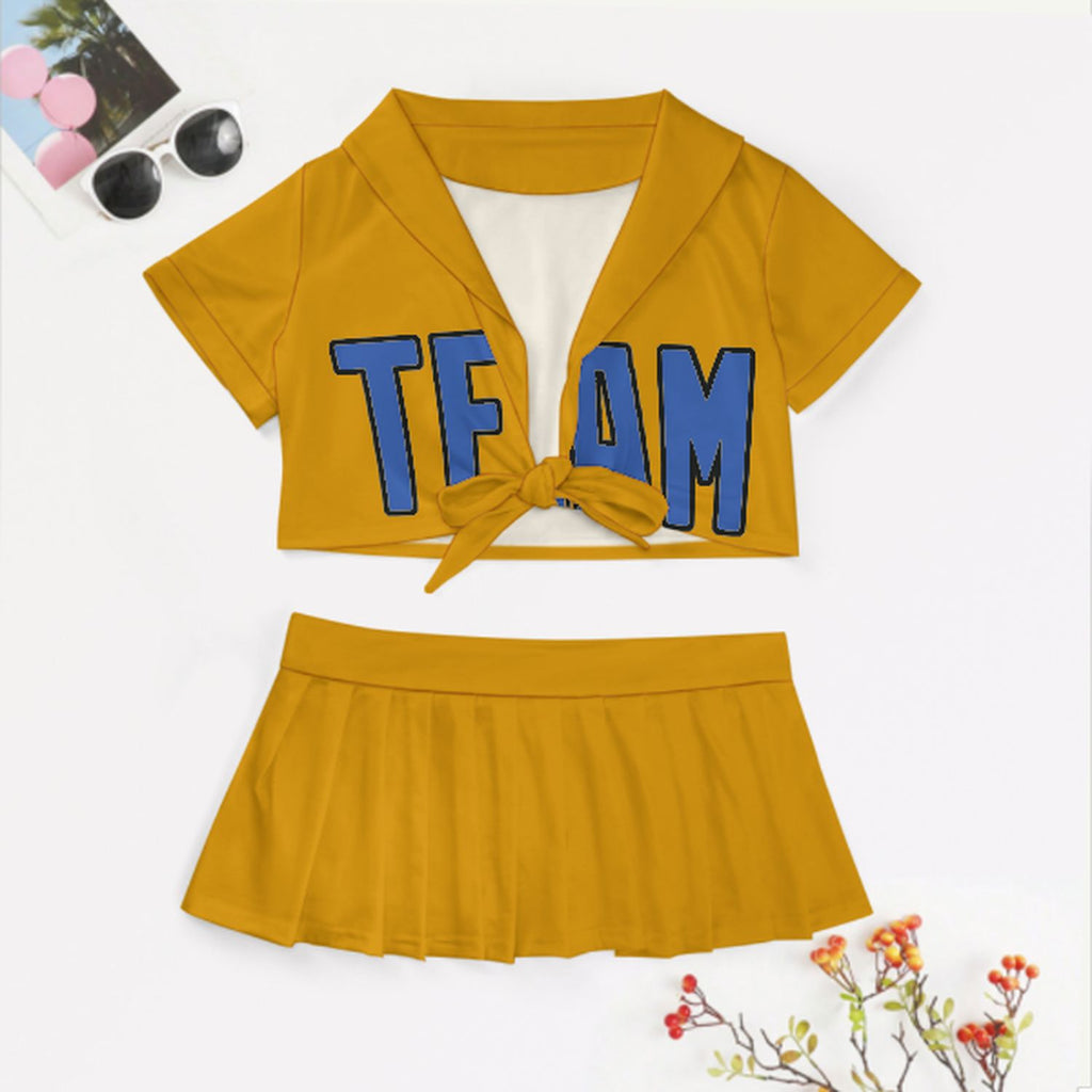 Custom Yellow Sky Blue Cheerleading Uniform Set