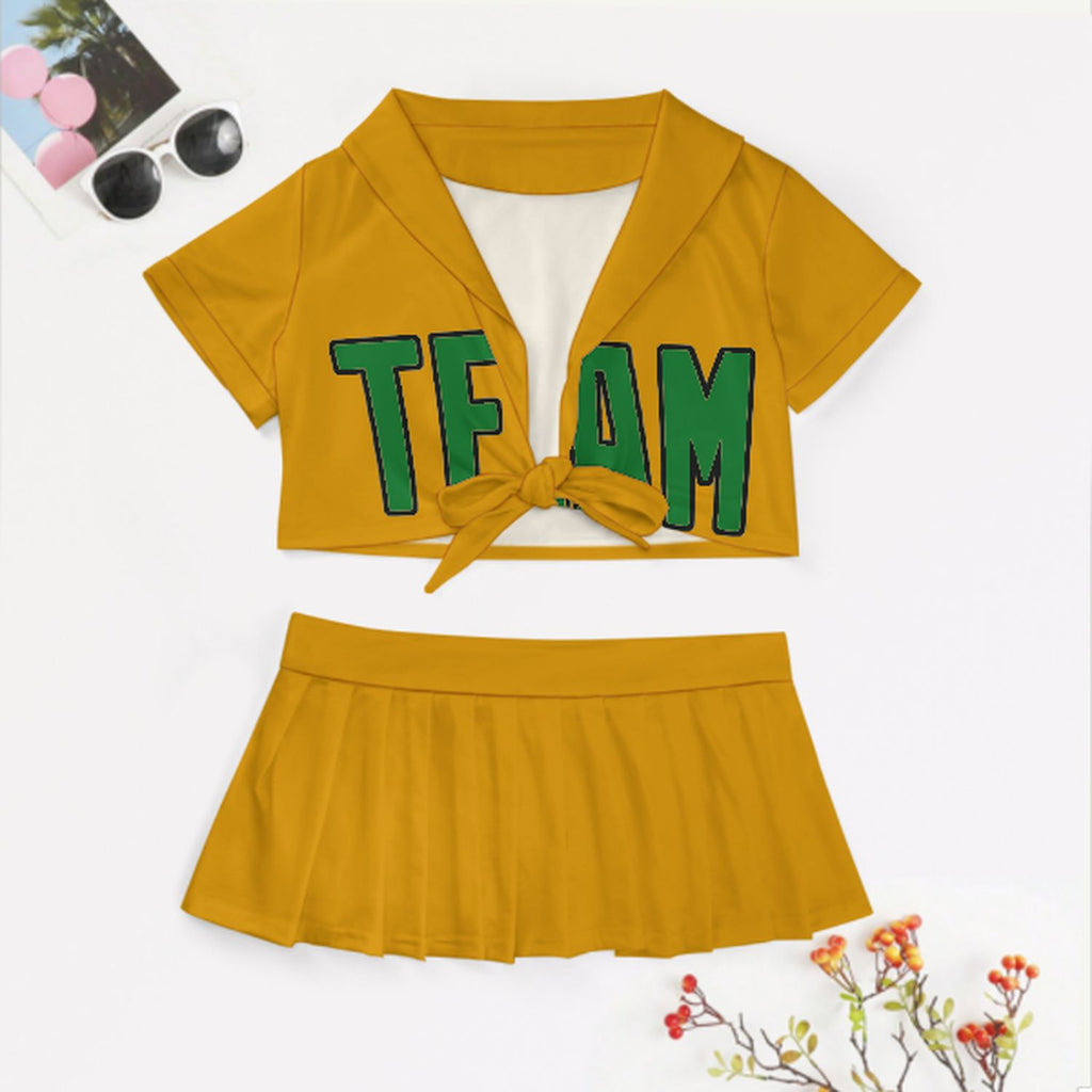 Custom Yellow Emerald Green Cheerleading Uniform Set