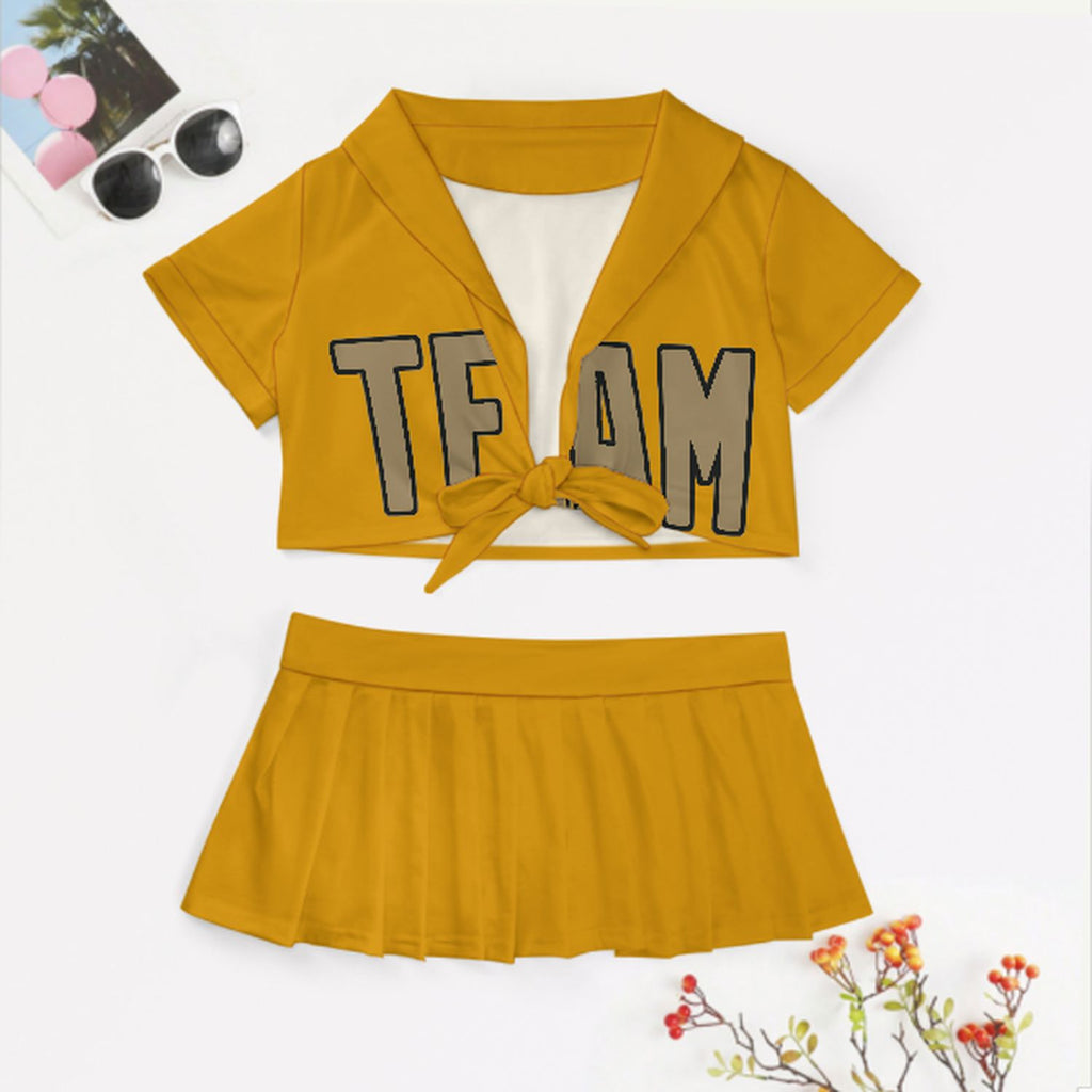 Custom Yellow Light Khaki Cheerleading Uniform Set