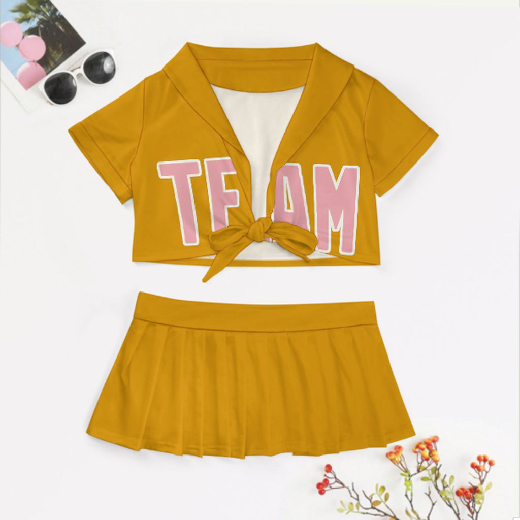 Custom Yellow Light Pink Cheerleading Uniform Set