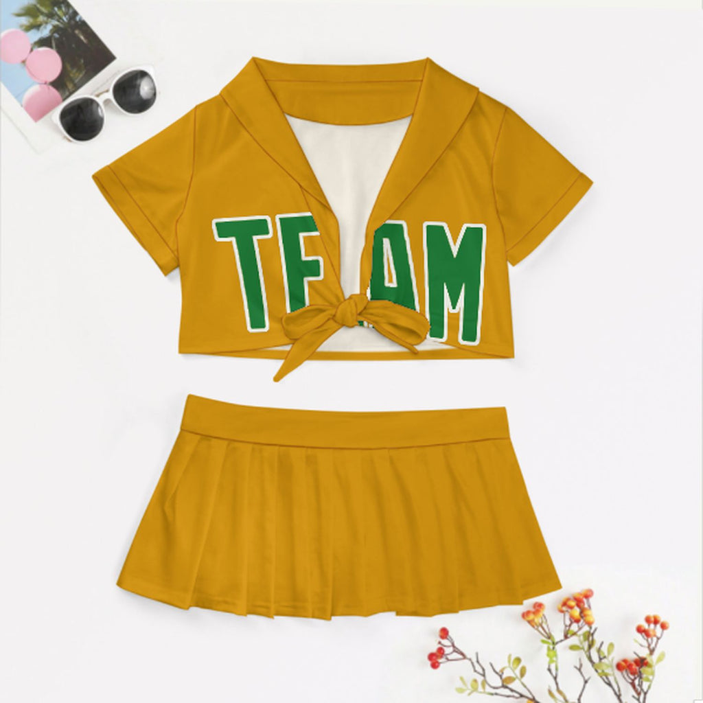 Custom Yellow Emerald Green Cheerleading Uniform Set