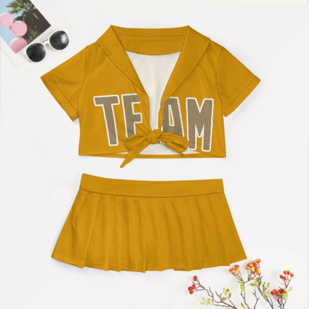 Custom Yellow Light Khaki Cheerleading Uniform Set