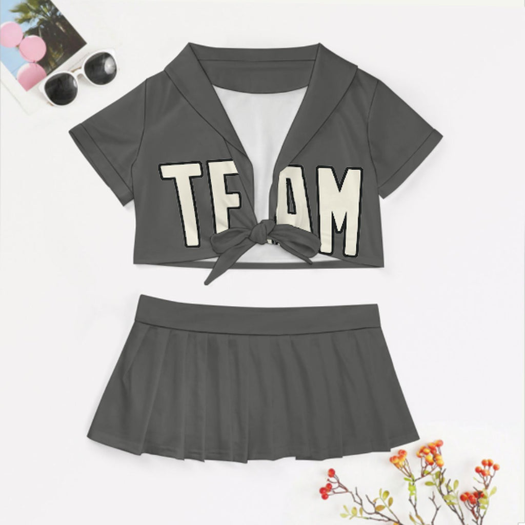 Custom Dark Grey Cream Cheerleading Uniform Set