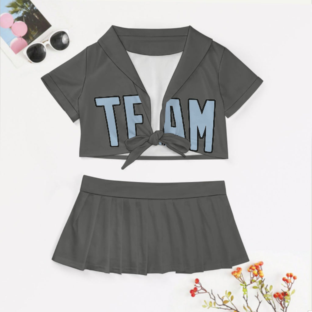 Custom Dark Grey Light Blue Cheerleading Uniform Set
