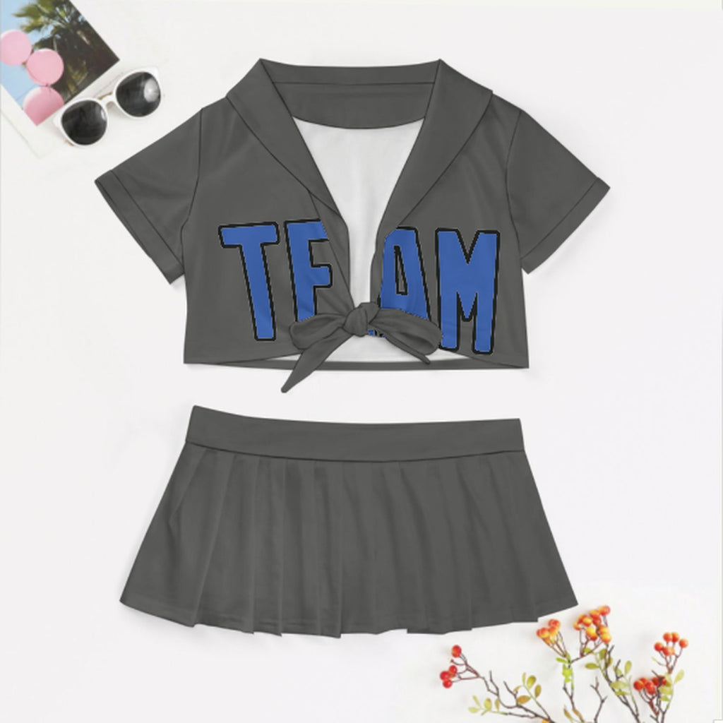 Custom Dark Grey Sky Blue Cheerleading Uniform Set
