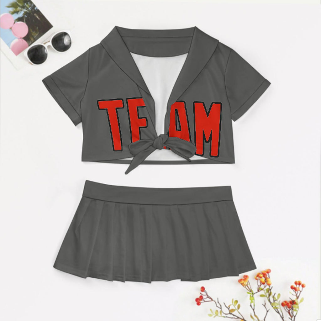 Custom Dark Grey Orange Red Cheerleading Uniform Set