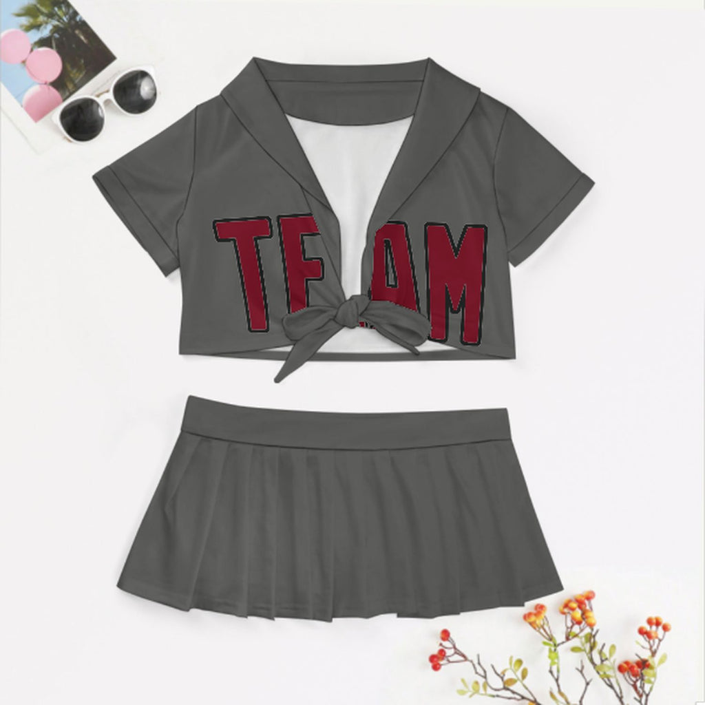 Custom Dark Grey Crimson Red Cheerleading Uniform Set