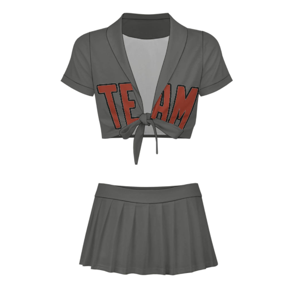 Custom Dark Grey Coral Red Cheerleading Uniform Set