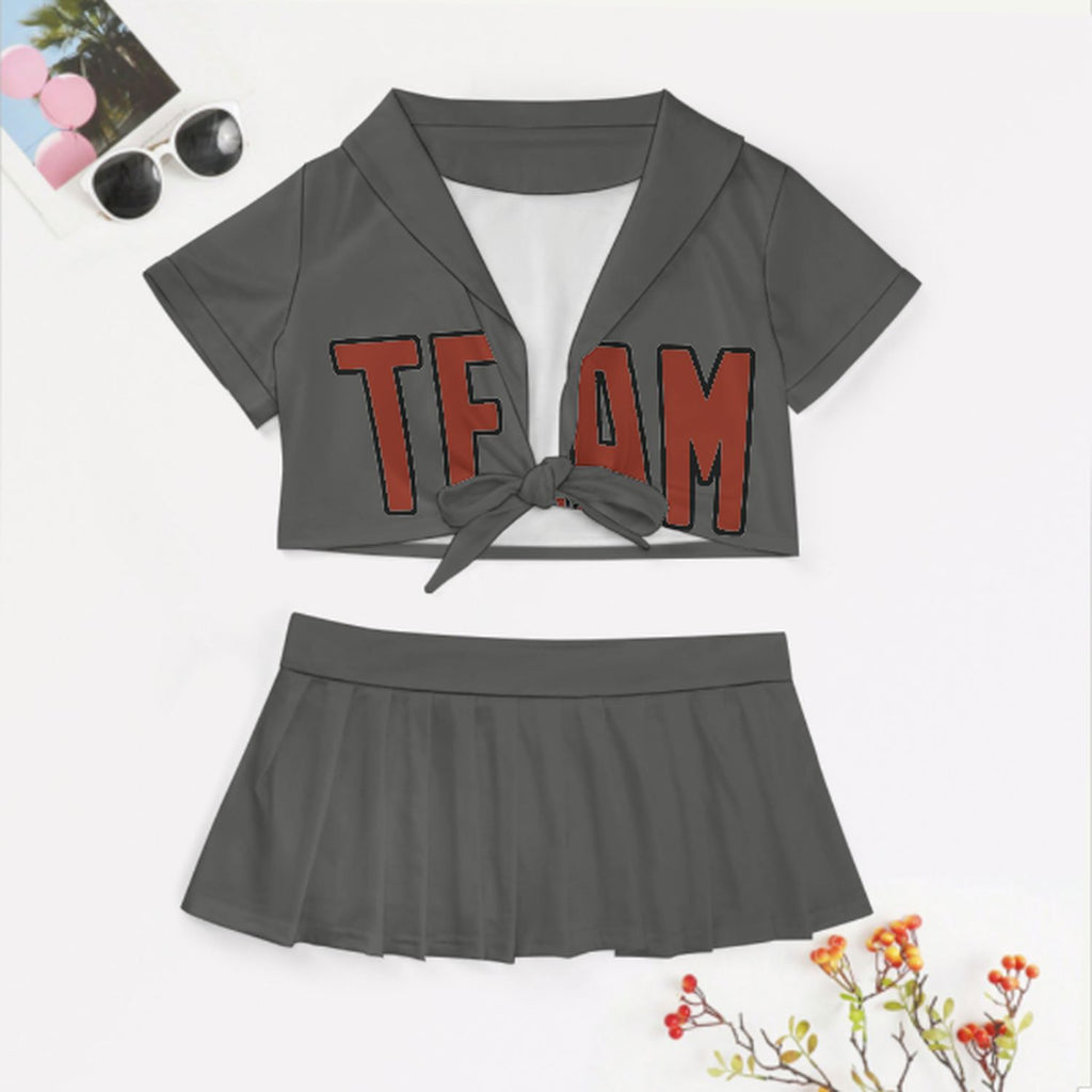 Custom Dark Grey Coral Red Cheerleading Uniform Set