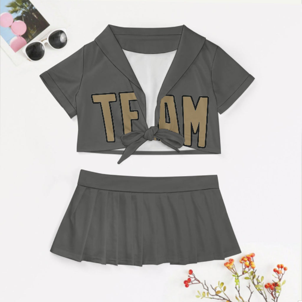 Custom Dark Grey Light Khaki Cheerleading Uniform Set