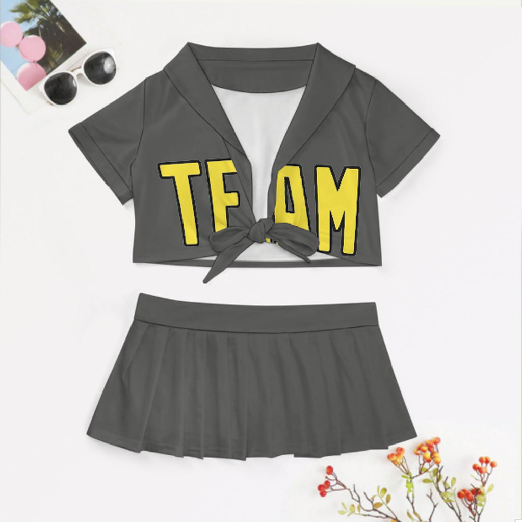 Custom Dark Grey Light Yellow Cheerleading Uniform Set