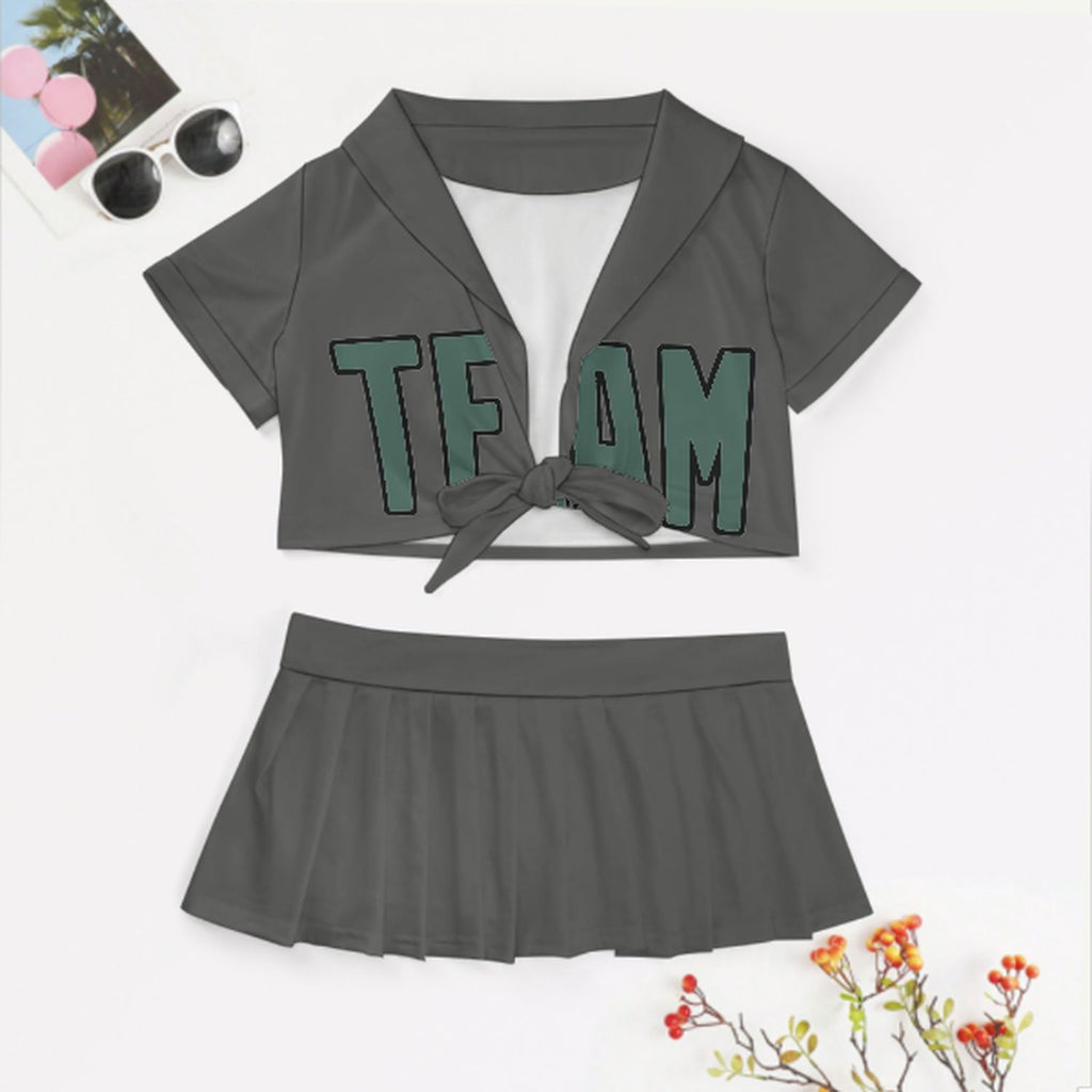 Custom Dark Grey Blue Green Cheerleading Uniform Set