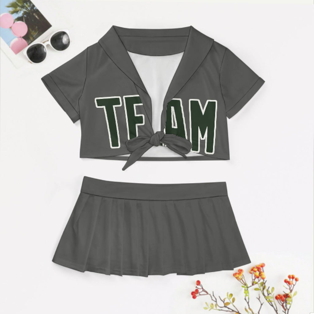 Custom Dark Grey Dark Green Cheerleading Uniform Set