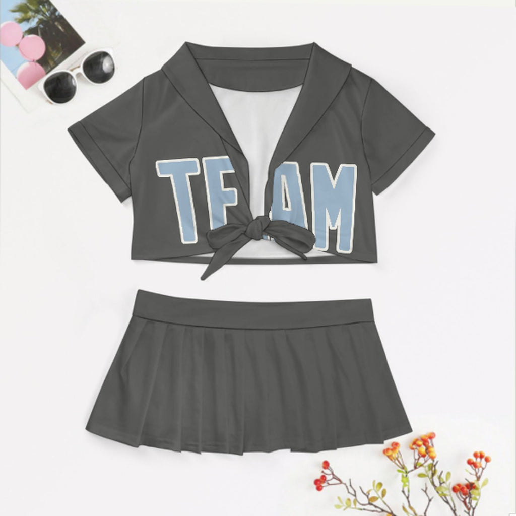Custom Dark Grey Light Blue Cheerleading Uniform Set