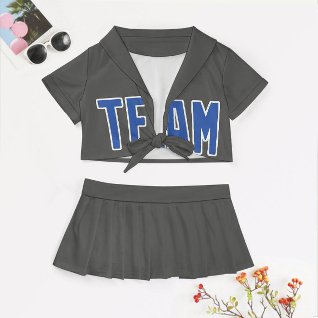 Custom Dark Grey Sky Blue Cheerleading Uniform Set