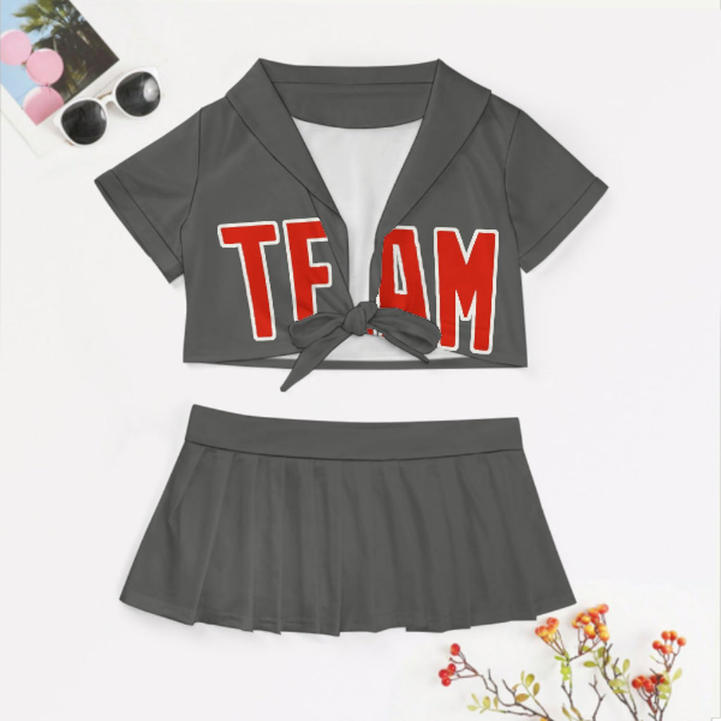 Custom Dark Grey Orange Red Cheerleading Uniform Set