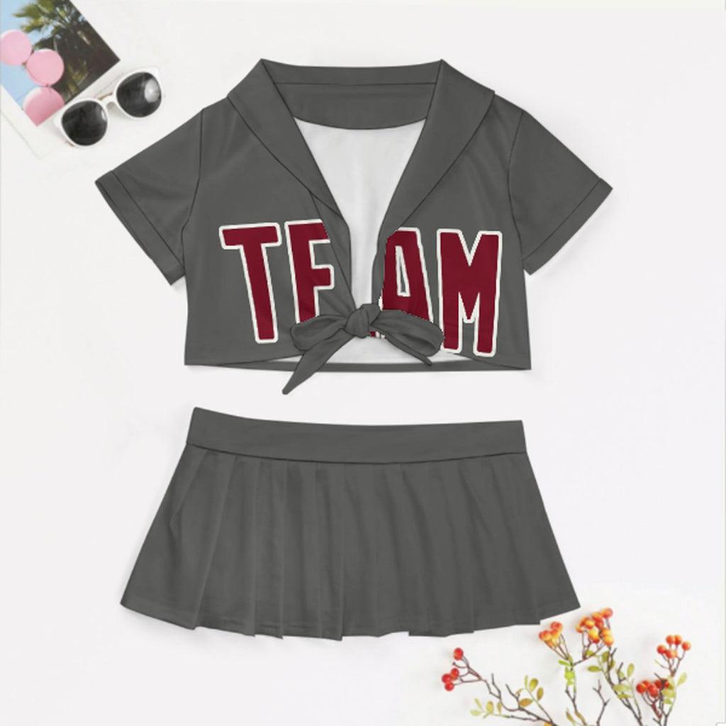 Custom Dark Grey Crimson Red Cheerleading Uniform Set