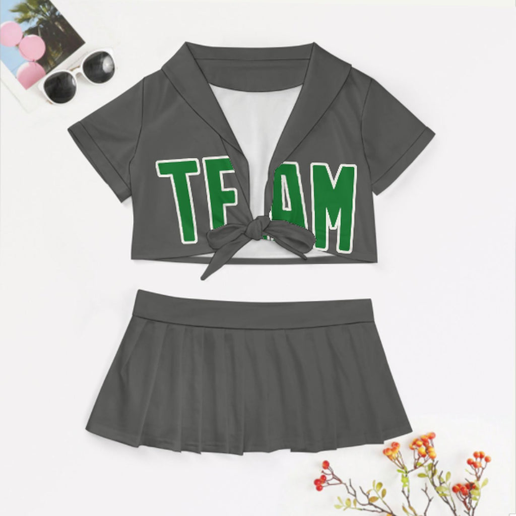 Custom Dark Grey Emerald Green Cheerleading Uniform Set