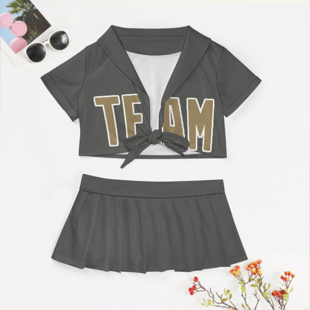 Custom Dark Grey Light Khaki Cheerleading Uniform Set