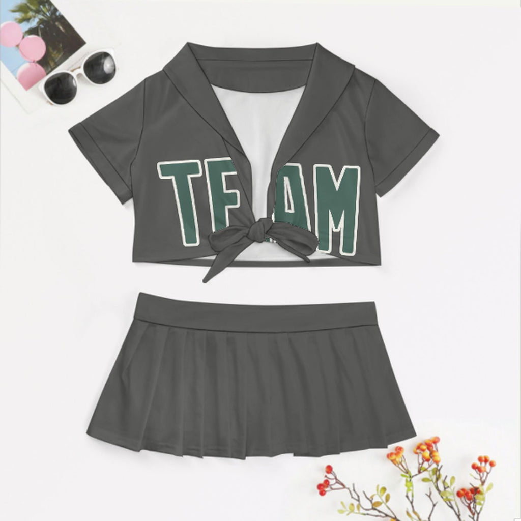 Custom Dark Grey Blue Green Cheerleading Uniform Set