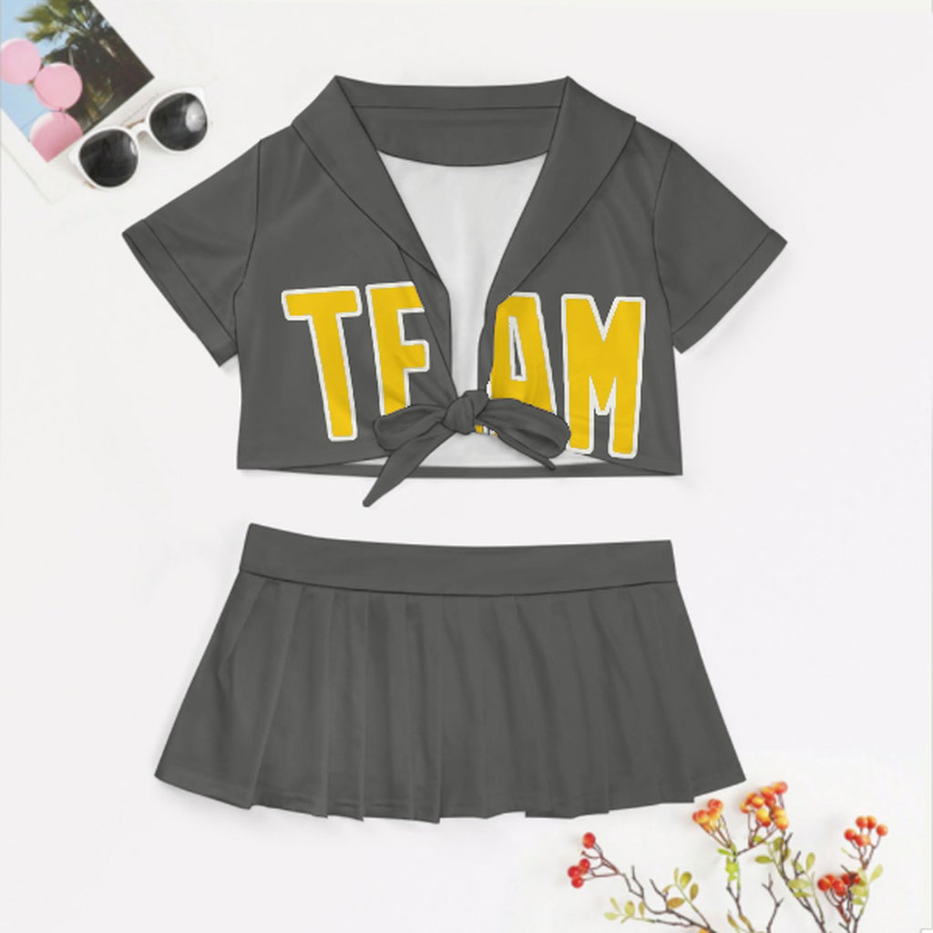 Custom Dark Grey Gold Cheerleading Uniform Set