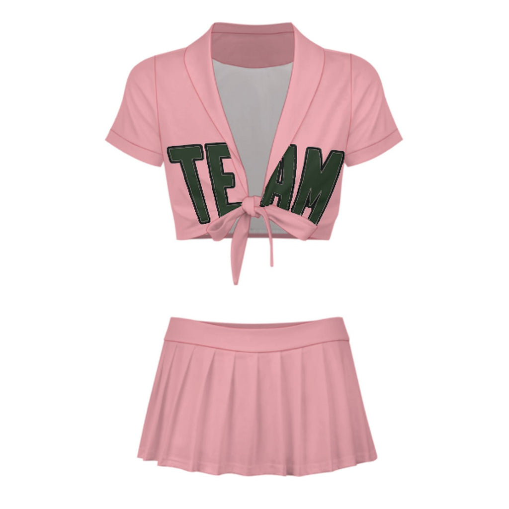 Custom Light Pink Dark Green Cheerleading Uniform Set
