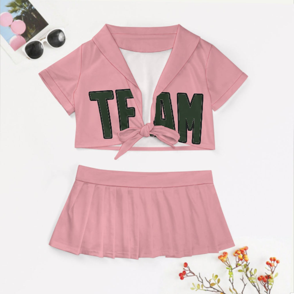 Custom Light Pink Dark Green Cheerleading Uniform Set