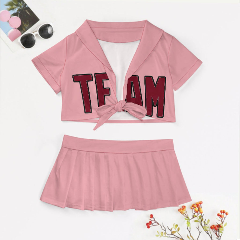Custom Light Pink Crimson Red Cheerleading Uniform Set